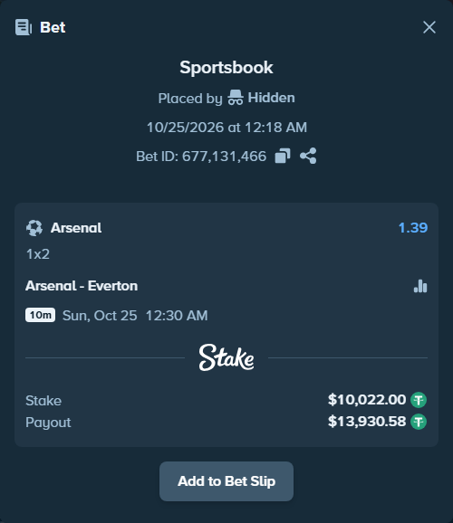 Bet slip: Arsenal - Everton, $10,032.02 stake at 1.39 odds, placed by damsruffs