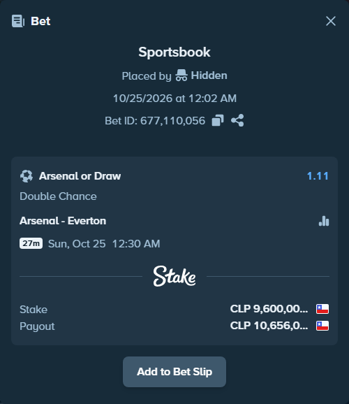 Bet slip: Arsenal - Everton, $10,560.00 stake at 1.11 odds, placed by MattyMoreno07
