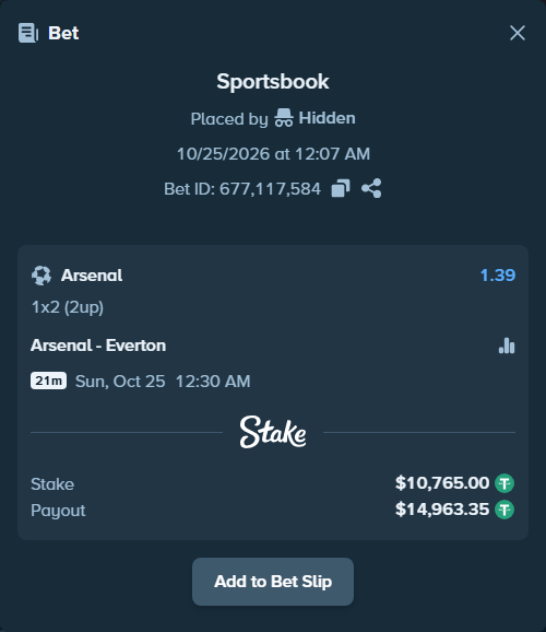 Bet slip: Arsenal - Everton, $10,775.76 stake at 1.39 odds, placed by Kristen1