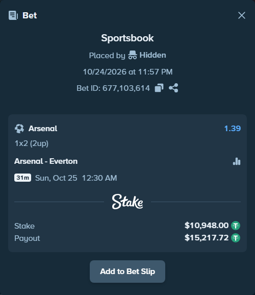 Bet slip: Arsenal - Everton, $10,958.95 stake at 1.39 odds, placed by Krisriple