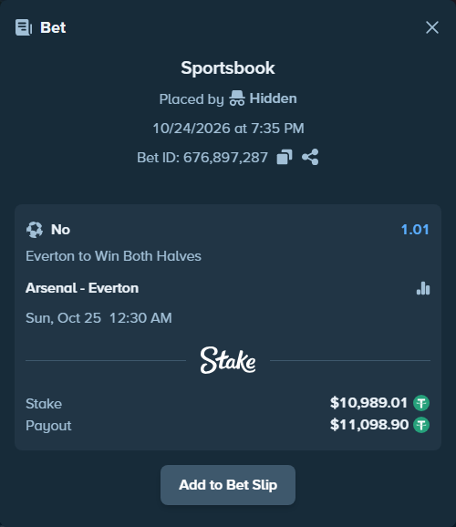 Bet slip: Arsenal - Everton, $11,000.00 stake at 1.01 odds, placed by Deb188