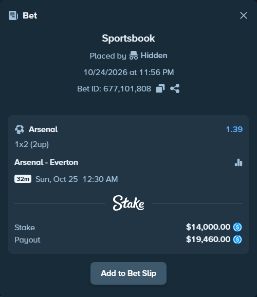 Bet slip: Arsenal - Everton, $14,000.00 stake at 1.39 odds, placed by Hareid