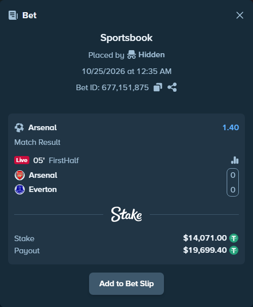 Bet slip: Arsenal - Everton, $14,085.07 stake at 1.40 odds, placed by Martini111