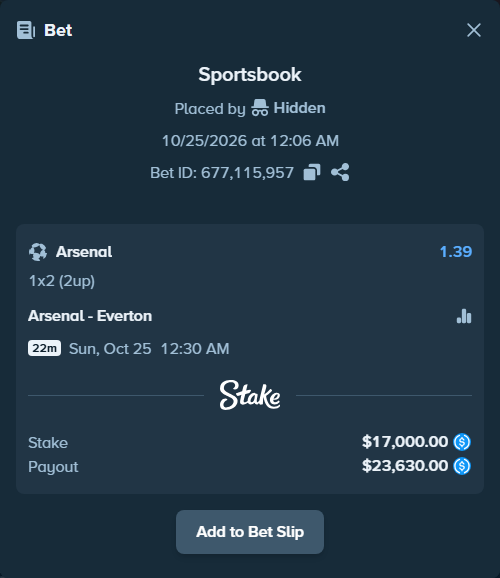 Bet slip: Arsenal - Everton, $17,000.00 stake at 1.39 odds, placed by Oen1