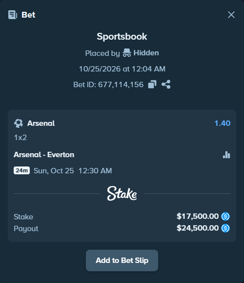 Bet slip: Arsenal - Everton, $17,500.00 stake at 1.40 odds, placed by blominj