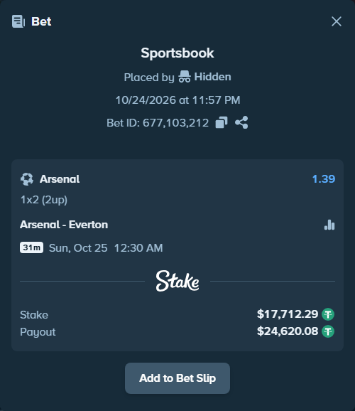 Bet slip: Arsenal - Everton, $17,730.00 stake at 1.39 odds, placed by Jakeleik