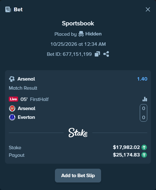 Bet slip: Arsenal - Everton, $18,000.00 stake at 1.40 odds, placed by ChelseaPadel