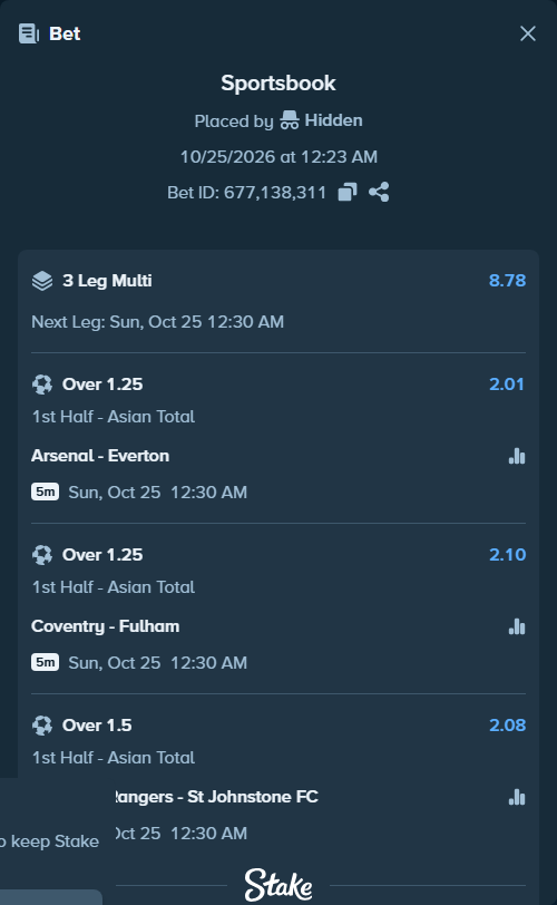 Bet slip: Arsenal - Everton, $19,919.90 stake at 2.01 odds, placed by Hidden