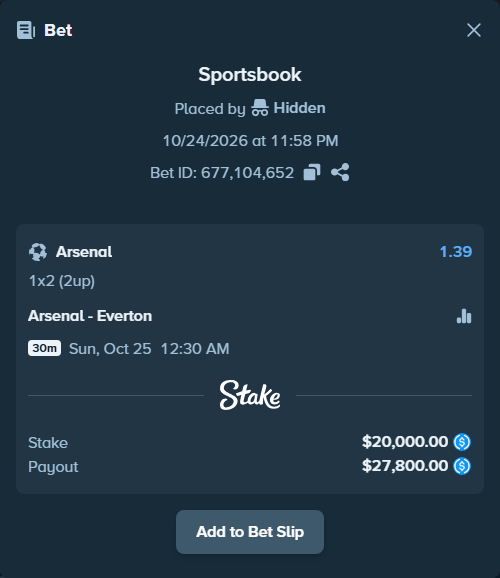 Bet slip: Arsenal - Everton, $20,000.00 stake at 1.39 odds, placed by LinnPersonal