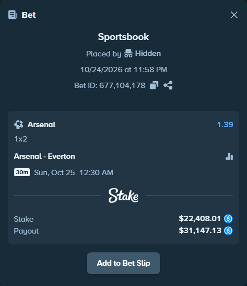 Bet slip: Arsenal - Everton, $22,408.01 stake at 1.39 odds, placed by Vicceforb