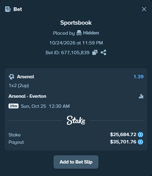 Bet slip: Arsenal - Everton, $25,684.72 stake at 1.39 odds, placed by pering3