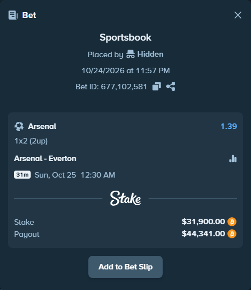 Bet slip: Arsenal - Everton, $31,807.41 stake at 1.39 odds, placed by Tonyj69