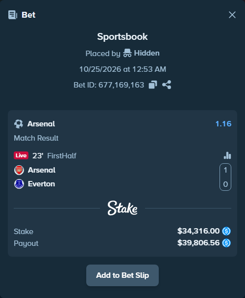 Bet slip: Arsenal - Everton, $34,316.00 stake at 1.16 odds, placed by Hidden