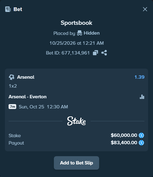 Bet slip: Arsenal - Everton, $60,000.00 stake at 1.39 odds, placed by Oen1