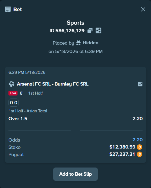 Bet slip: Arsenal FC SRL - Burnley FC SRL, $10,322.80 stake at 2.20 odds, placed by ninafreak