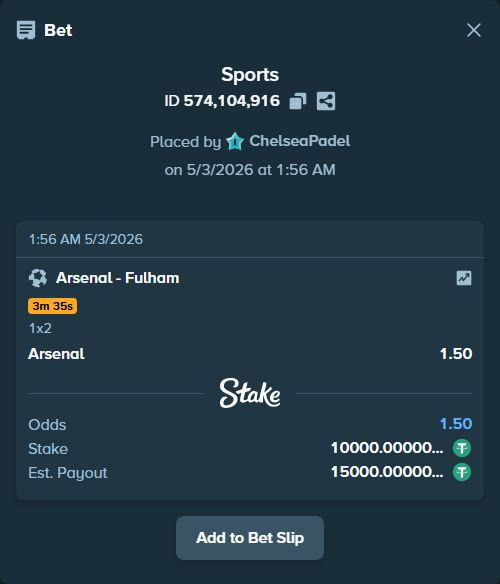 Bet slip: Arsenal - Fulham, $10,000.00 stake at 1.50 odds, placed by ChelseaPadel