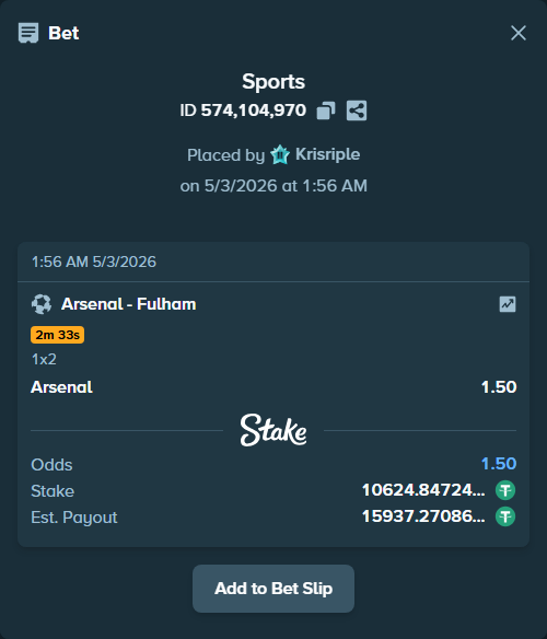 Bet slip: Arsenal - Fulham, $10,624.85 stake at 1.50 odds, placed by Krisriple
