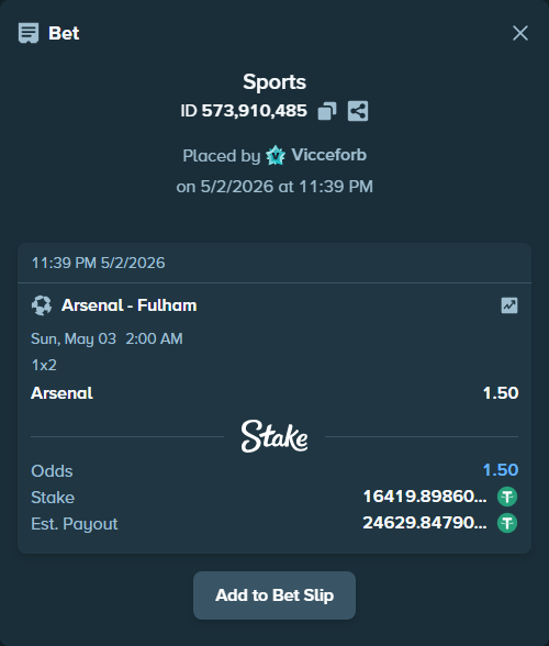 Bet slip: Arsenal - Fulham, $16,419.90 stake at 1.50 odds, placed by Vicceforb