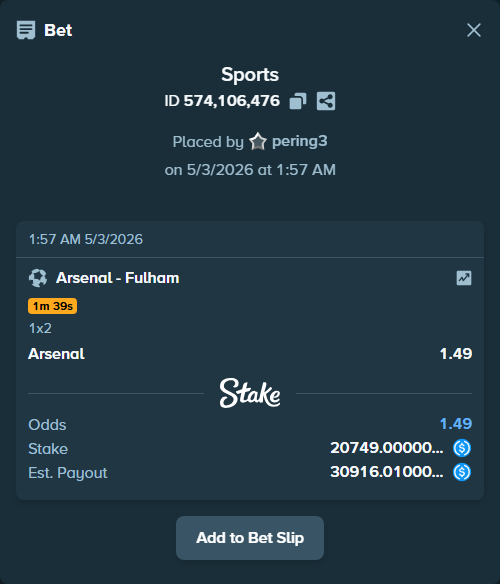 Bet slip: Arsenal - Fulham, $20,749.00 stake at 1.49 odds, placed by pering3