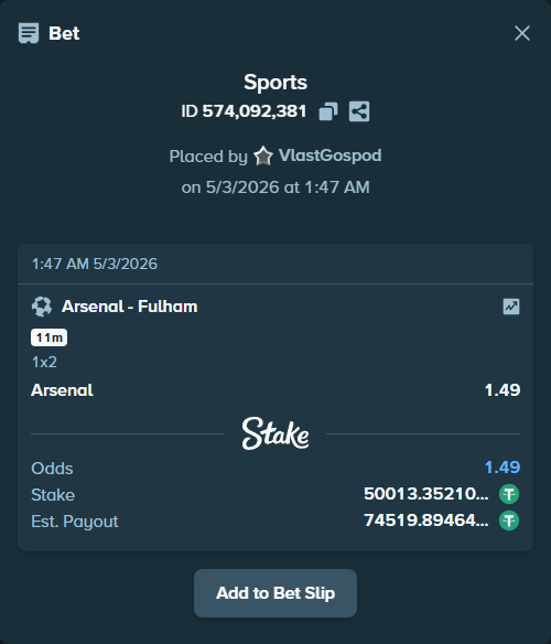 Bet slip: Arsenal - Fulham, $50,013.35 stake at 1.49 odds, placed by VlastGospod