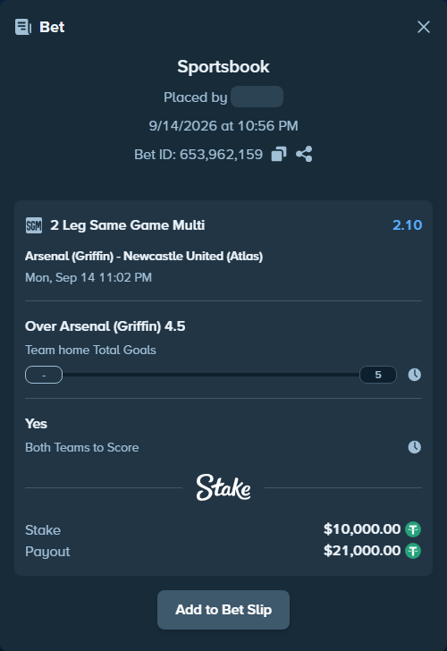 Bet slip: Arsenal (Griffin) - Newcastle United (Atlas), $10,000.00 stake at 2.05 odds, placed by Josecarmelo