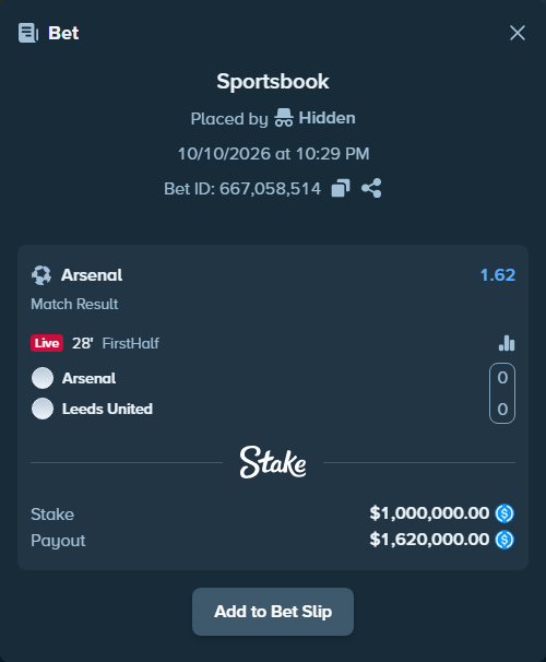 Bet slip: Arsenal - Leeds United, $1,000,000.00 stake at 1.62 odds, placed by Hidden