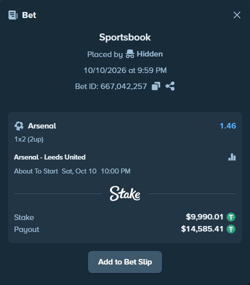 Bet slip: Arsenal - Leeds United, $10,000.00 stake at 1.46 odds, placed by MitchellWit