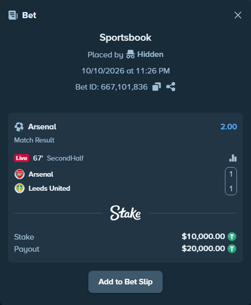 Bet slip: Arsenal - Leeds United, $10,010.00 stake at 2.00 odds, placed by Olecashoutlind