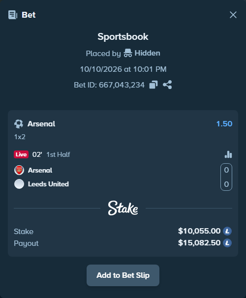 Bet slip: Arsenal - Leeds United, $10,128.90 stake at 1.50 odds, placed by Ing79J