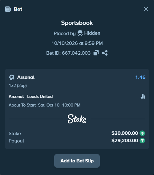 Bet slip: Arsenal - Leeds United, $20,020.00 stake at 1.46 odds, placed by floutp451