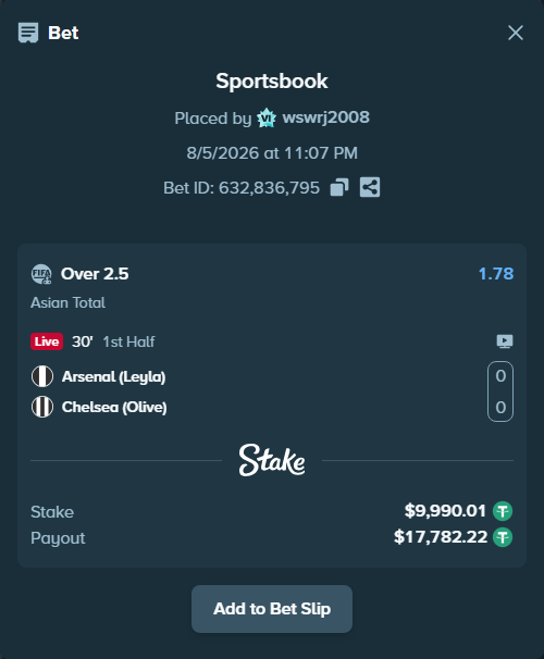Bet slip: Arsenal (Leyla) - Chelsea (Olive), $10,000.00 stake at 1.78 odds, placed by wswrj2008