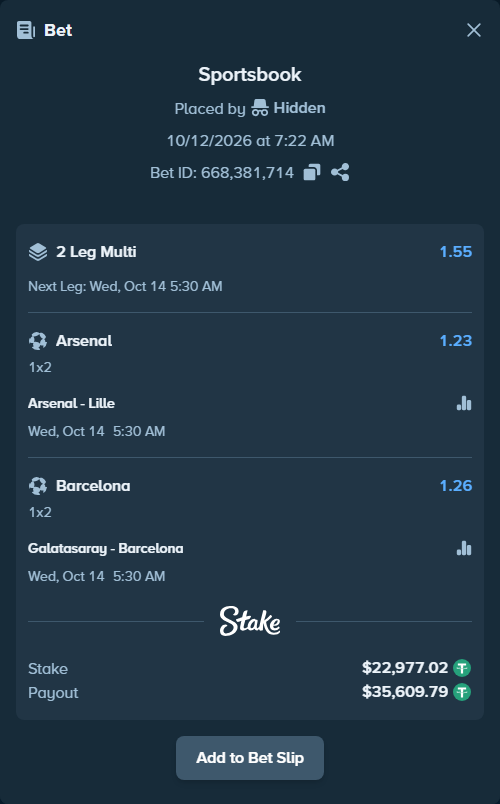 Bet slip: Arsenal - Lille, $23,000.00 stake at 1.23 odds, placed by Haliasovskyi