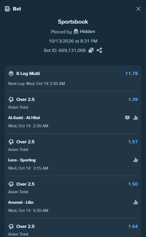 Bet slip: Arsenal - Lille, $89,511.69 stake at 1.50 odds, placed by Hidden