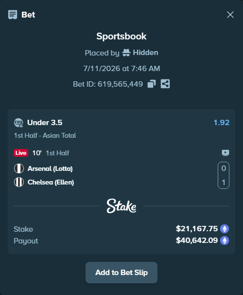 Bet slip: Arsenal (Lotta) - Chelsea (Ellen), $22,459.38 stake at 1.92 odds, placed by Hidden