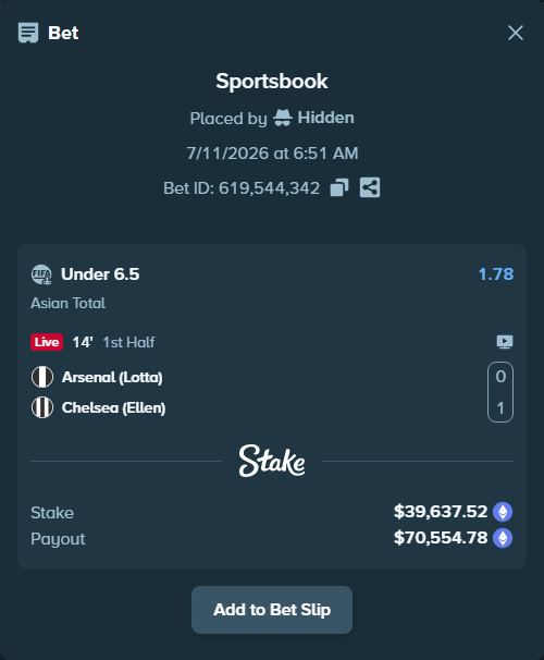 Bet slip: Arsenal (Lotta) - Chelsea (Ellen), $42,108.93 stake at 1.78 odds, placed by Hidden