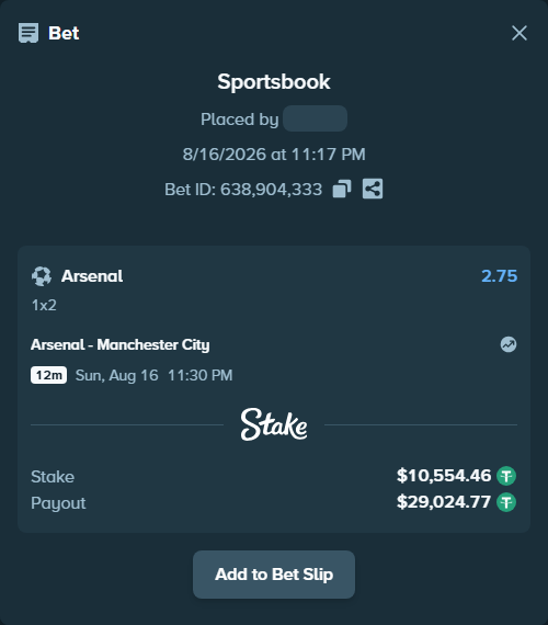 Bet slip: Arsenal - Manchester City, $10,565.02 stake at 2.75 odds, placed by Christianazar