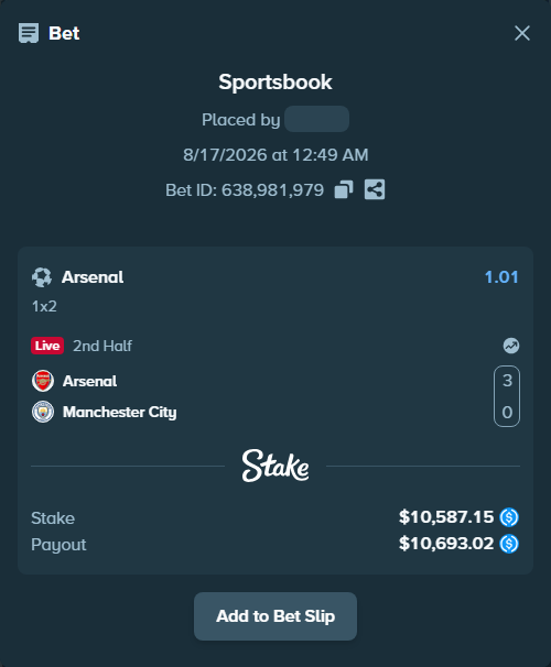 Bet slip: Arsenal - Manchester City, $10,587.15 stake at 1.01 odds, placed by lightsum