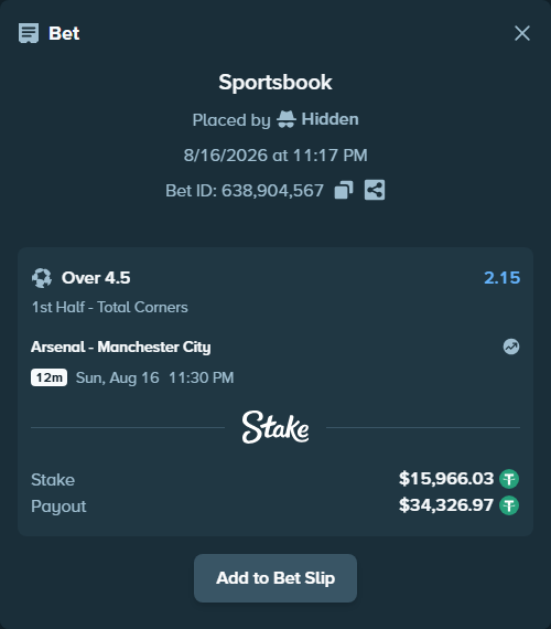 Bet slip: Arsenal - Manchester City, $15,982.00 stake at 2.15 odds, placed by Hidden
