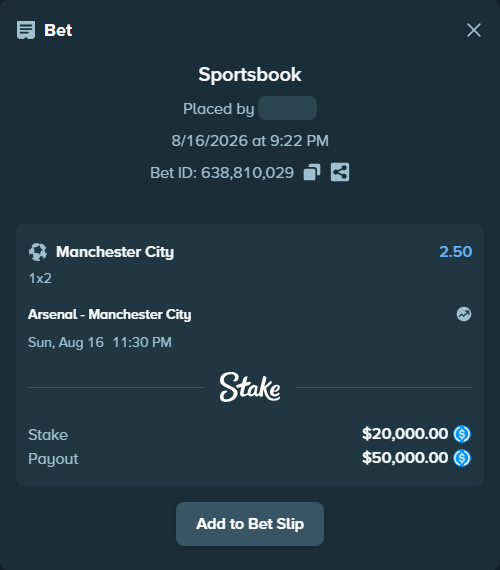 Bet slip: Arsenal - Manchester City, $20,000.00 stake at 2.50 odds, placed by frodeand