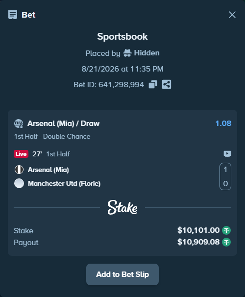 Bet slip: Arsenal (Mia) - Manchester Utd (Florie), $10,101.00 stake at 1.08 odds, placed by Hidden