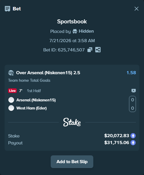 Bet slip: Arsenal (Niskanen15) - West Ham (Eder), $19,926.68 stake at 1.58 odds, placed by Hidden