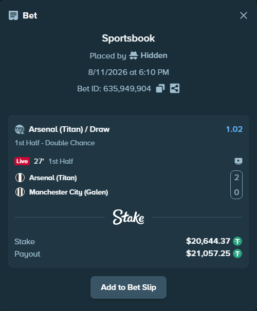 Bet slip: Arsenal (Titan) - Manchester City (Galen), $20,665.01 stake at 1.02 odds, placed by Hidden