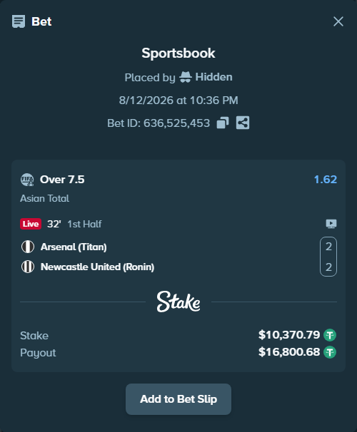 Bet slip: Arsenal (Titan) - Newcastle United (Ronin), $10,381.16 stake at 1.62 odds, placed by Hidden