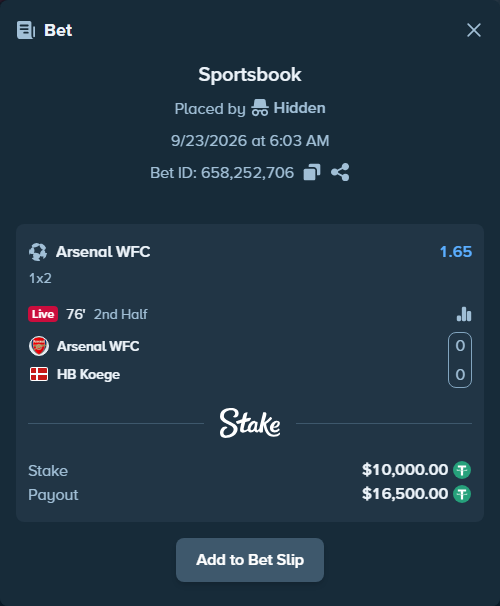 Bet slip: Arsenal WFC - HB Koege, $10,000.00 stake at 1.65 odds, placed by Hidden