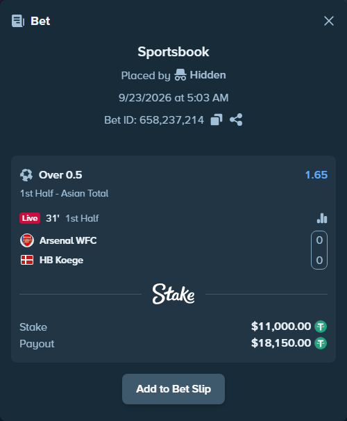 Bet slip: Arsenal WFC - HB Koege, $11,000.00 stake at 1.65 odds, placed by Hidden