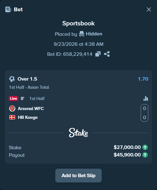 Bet slip: Arsenal WFC - HB Koege, $27,000.00 stake at 1.70 odds, placed by Hidden