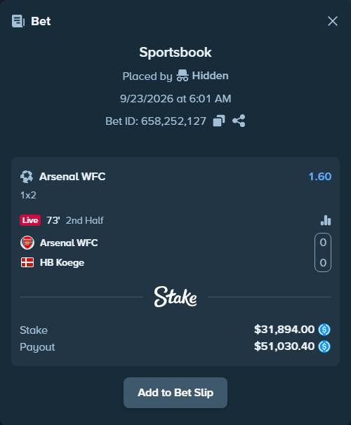 Bet slip: Arsenal WFC - HB Koege, $31,894.00 stake at 1.60 odds, placed by Hidden