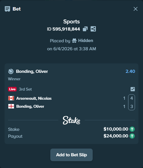 Bet slip: Arseneault, Nicolas - Bonding, Oliver, $10,010.00 stake at 2.40 odds, placed by Hidden