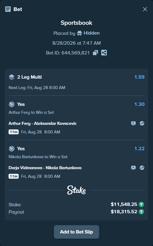 Bet slip: Arthur Fery - Aleksandar Kovacevic, $11,547.09 stake at 1.30 odds, placed by Hidden