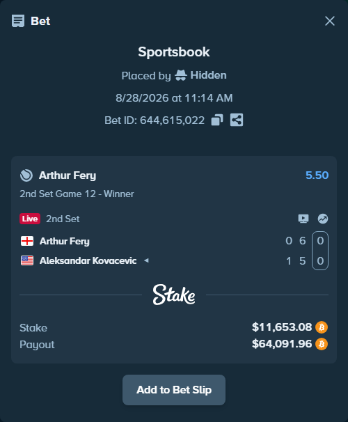 Bet slip: Arthur Fery - Aleksandar Kovacevic, $11,477.79 stake at 5.50 odds, placed by Hidden